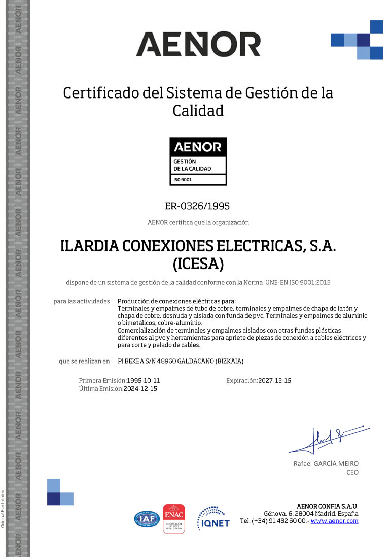 Certificado de Calidad ISO 9001 de Aenor