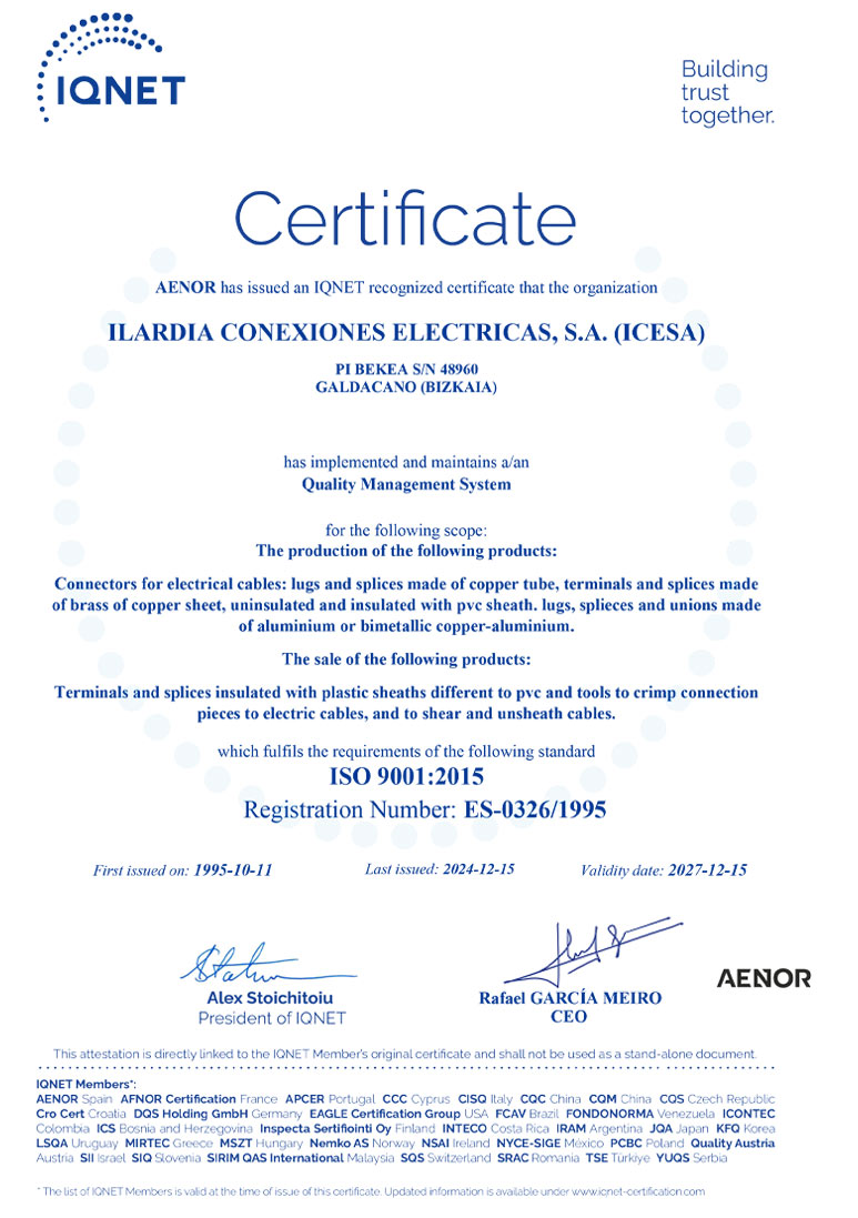 Certificado de Calidad ISO 9001 de IQNET